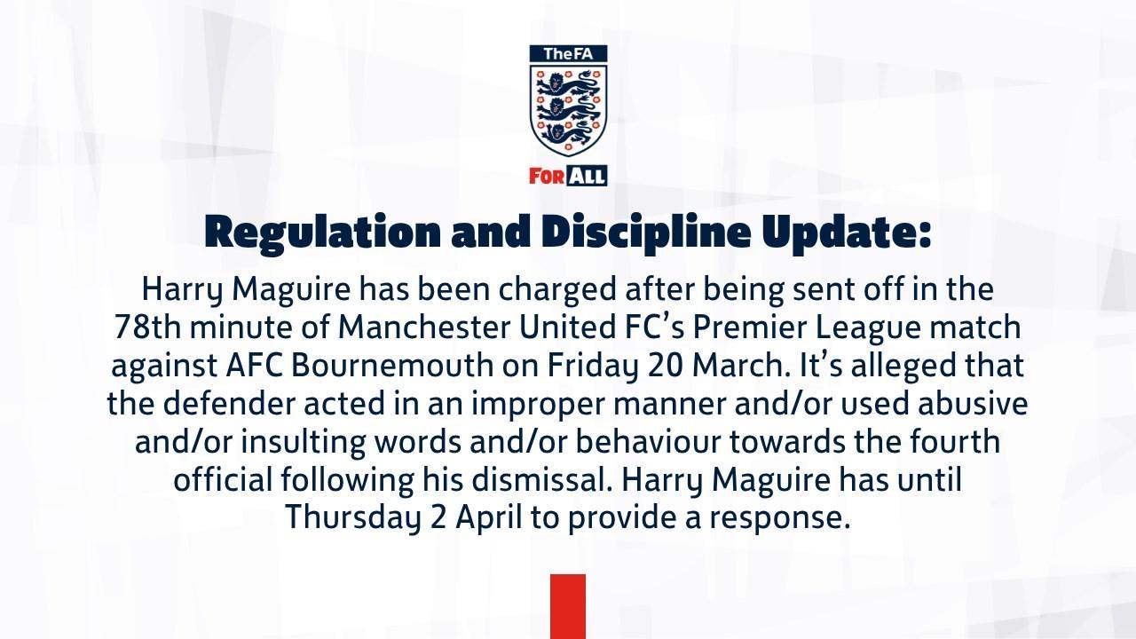 官方:因对阵樱桃染红后对四官行为不当,马奎尔被英足总指控